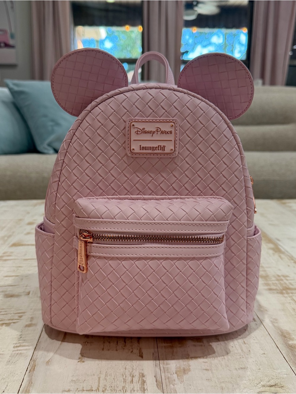 Loungefly Disney Parks Pink Woven Mini Backpack Minnie Mouse Ears Faux Leather
